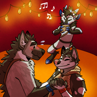 in a tent, two furries dancing together while a goat with a flowercrown plays pan-pipe in the background